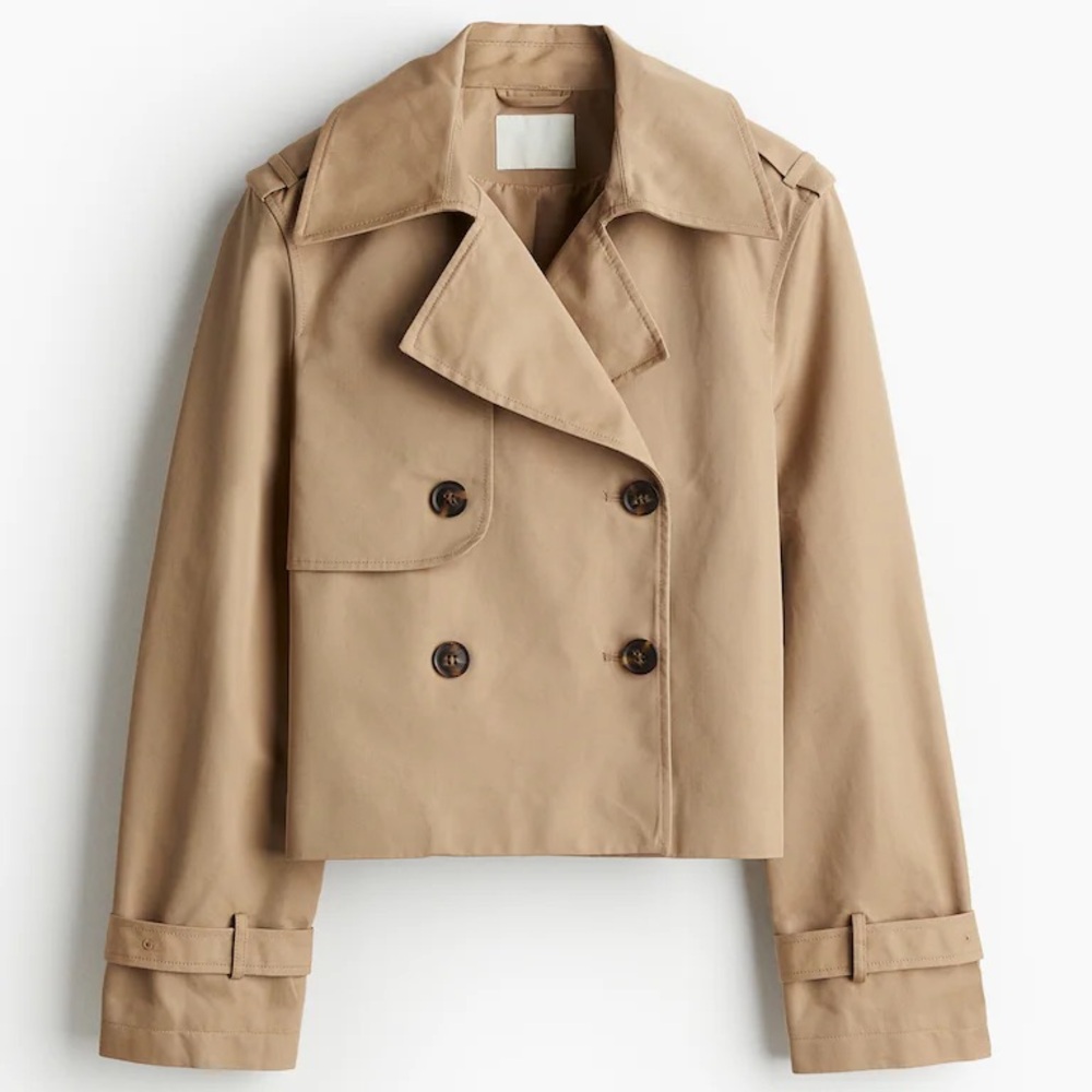 H&M Tan Double-Breasted Cropped Trench Coat